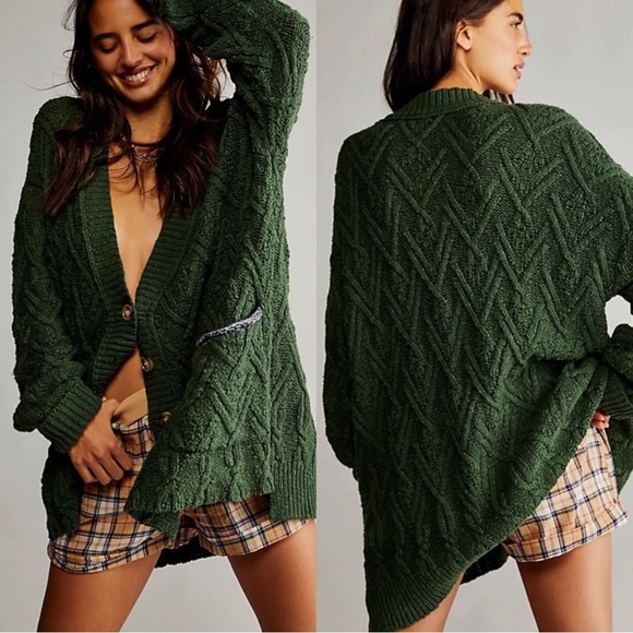 Free People Sweaters - Free People Montana Cable Knit Cardigan Dark Alpine Green Boho Womens XS